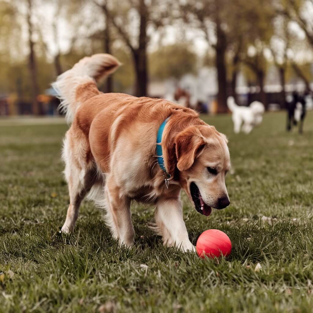 Dog Wearing A Stylish Collar Playing With A Ball In The Park