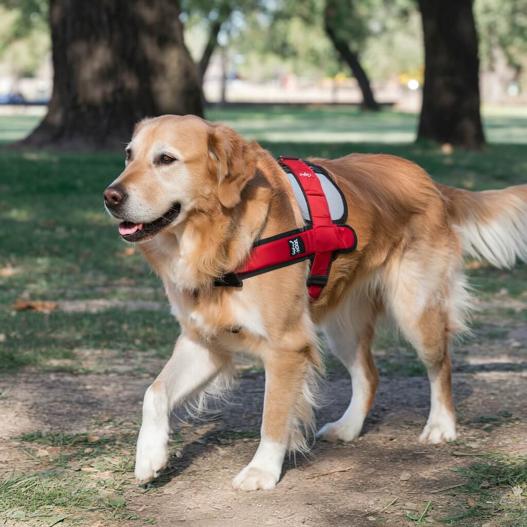 Dog Walking In Comfortable Harness on a Leisurely Stroll