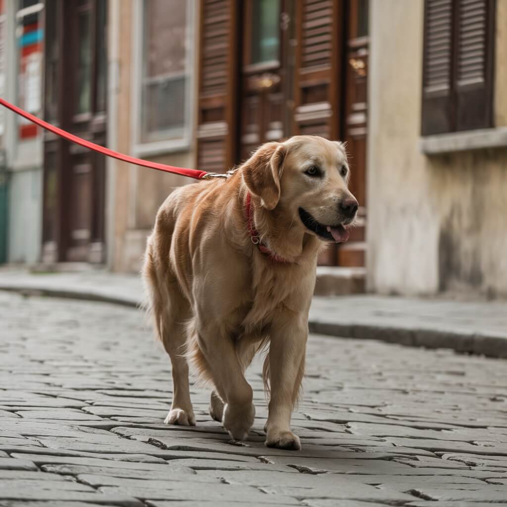 A Dog Walking Happily With a Leash On During a Peaceful Stroll In The Park.