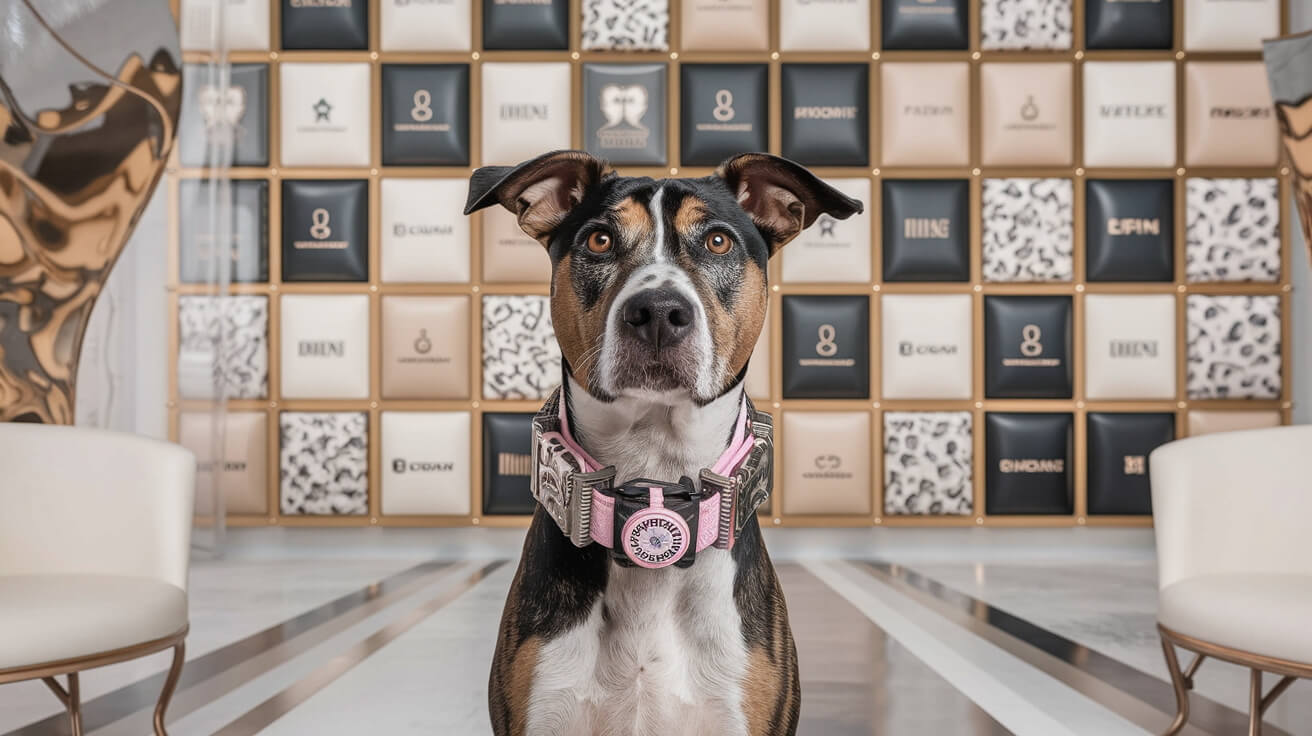 Dog Wearing a Stylish Collar Posing in Front of a Brand Wall