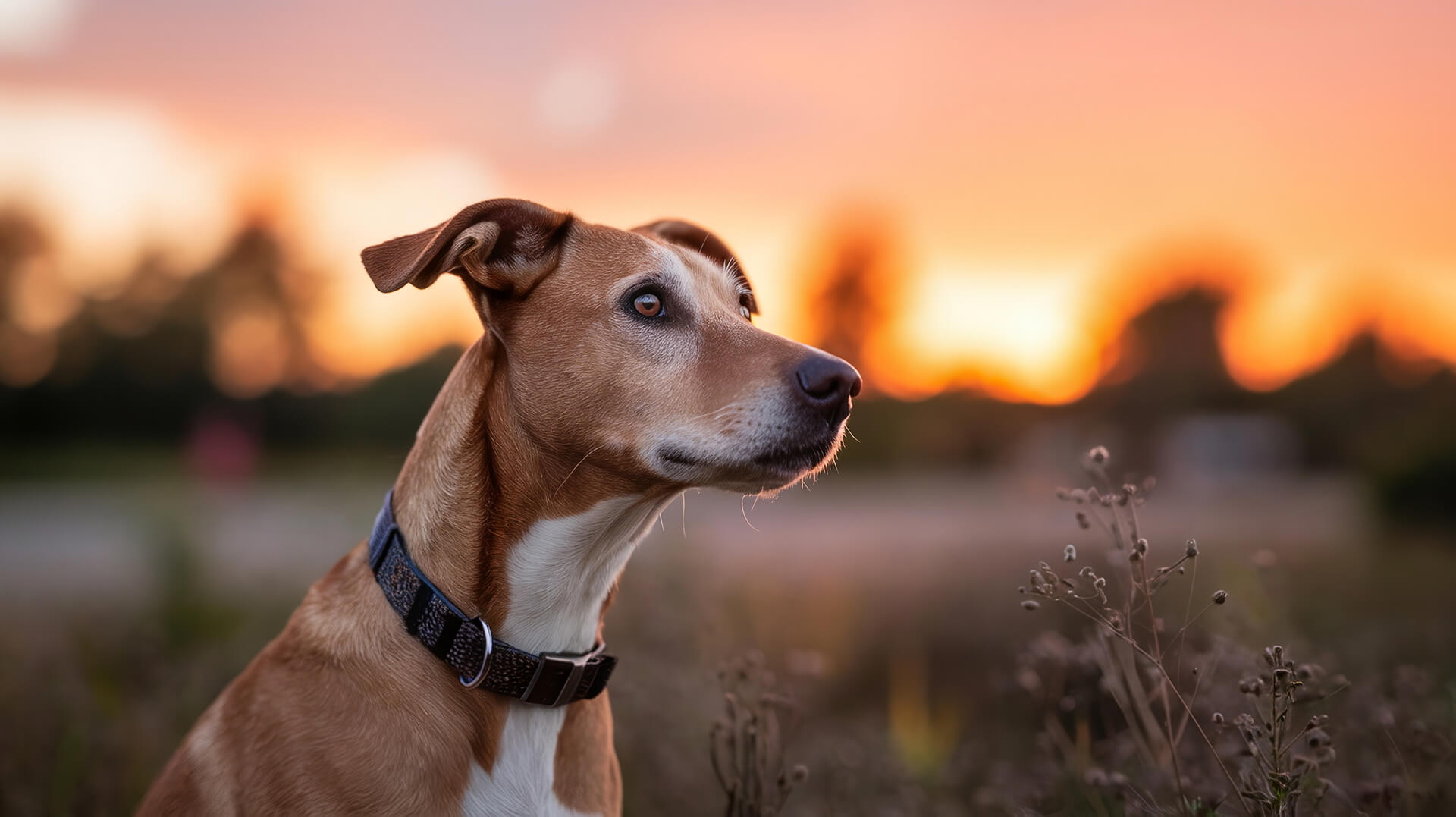 Dog Wearing an Elegant Collar Watching the Sunrise