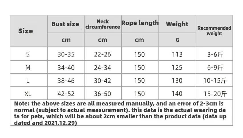 Size Chart for Dog Harness for Small Dogs