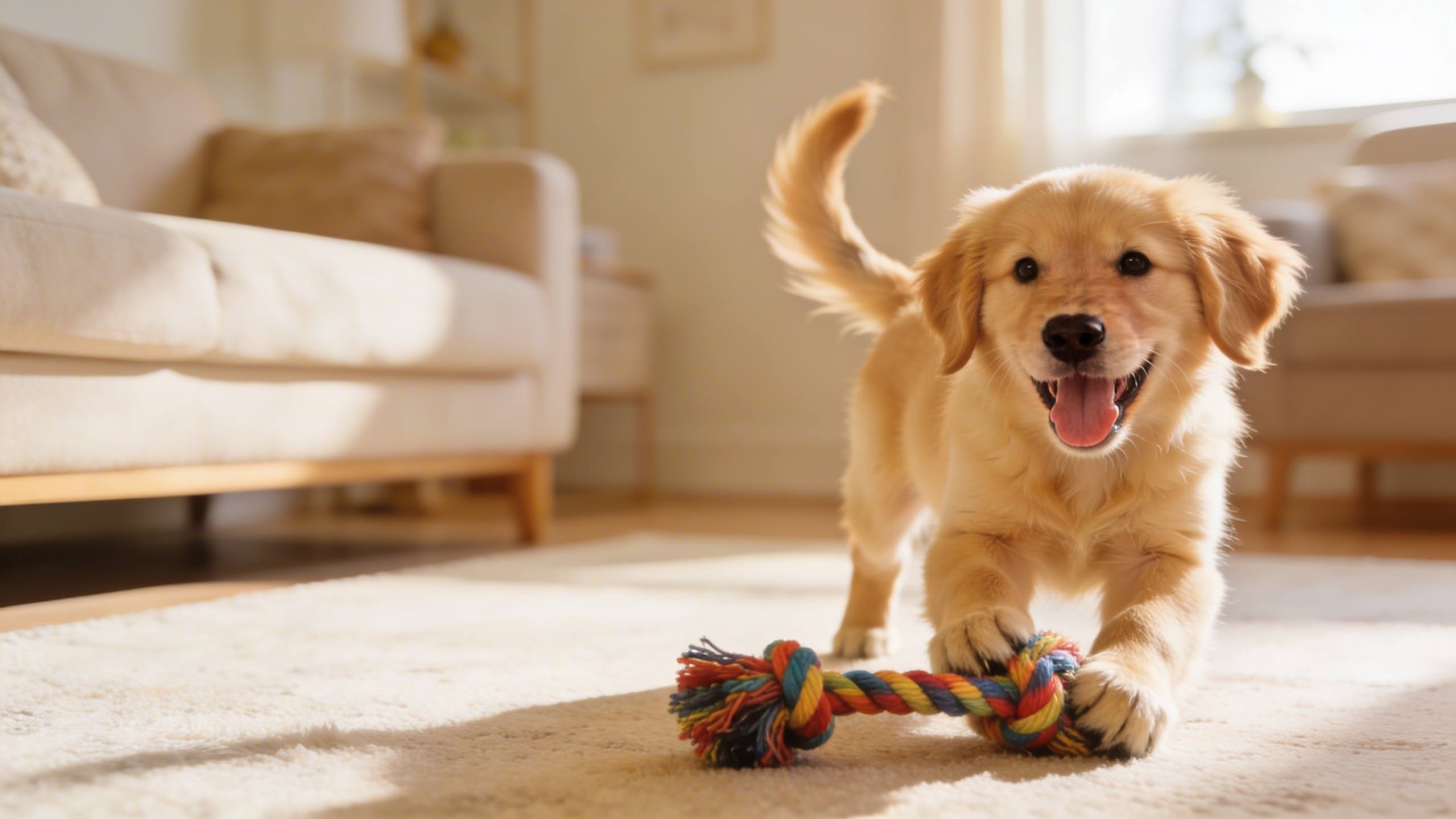 Happy golden retriever puppy playing with rope toy indoors — LeapPaw pet supplies for dogs