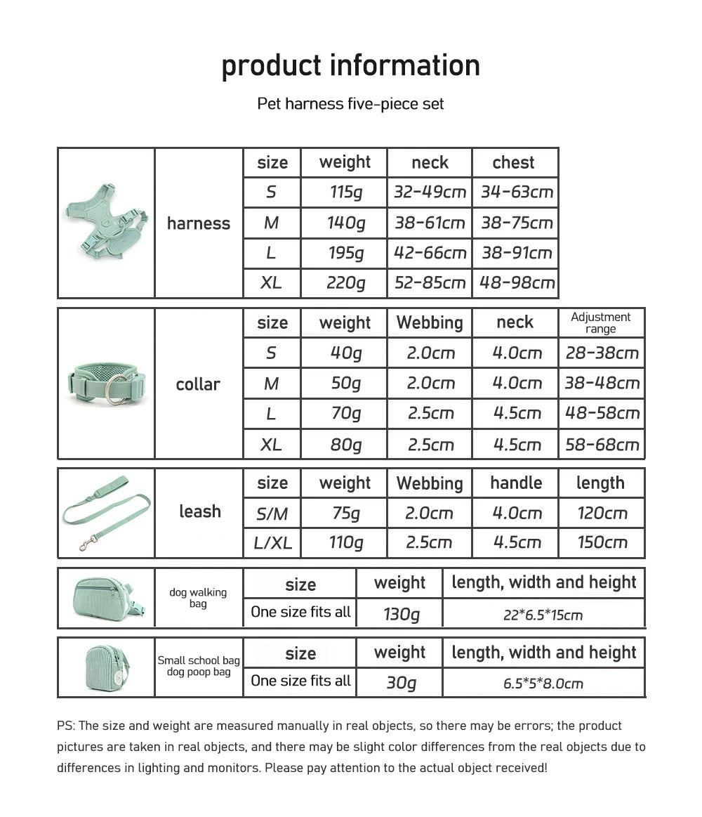 Mint Green Dog Collar and Harness Set with Size Chart