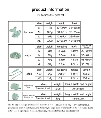 Mint Green Dog Collar and Harness Set with Size Chart