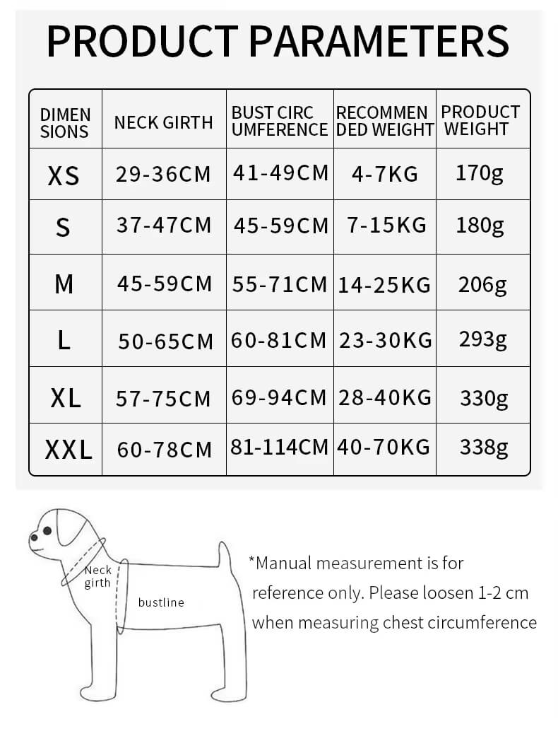 Size Chart for Service Dog Harness With Handle